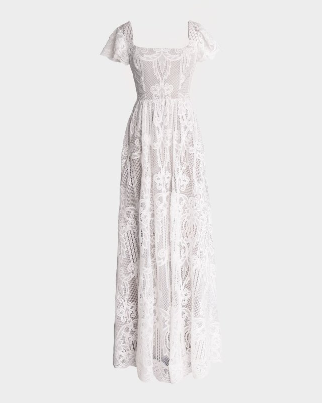 Janis Flutter-Sleeve Lace Maxi Dress